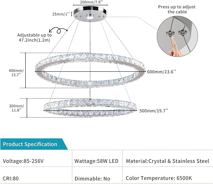 23.6'' Oval Crystal Chandelier, 2-Ring LED Pendant Island Light, 6500K Cool White Non-Dimmable Modern Ceiling Lighting for Kitchen Island Dining Room Living Room Bedroom
