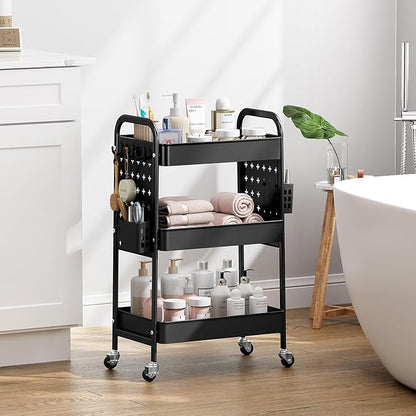 KINGRACK 3 Tier Rolling Cart with DIY Hanging Board, Metal Rolling Utility Cart with Wheels Handles Baskets Hooks, Rolling Storage Cart Suitable for Bathroom, Kitchen, Office, Nursery Diaper (Black)