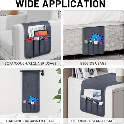 Couch Armrest Remote Control Holder, Polar Fleece Couch Caddy Gifts for Seniors, Non-slip Bed Caddy Tv Remote Holder with 5 Pockets for Key Glasses Phone Magazine Holders