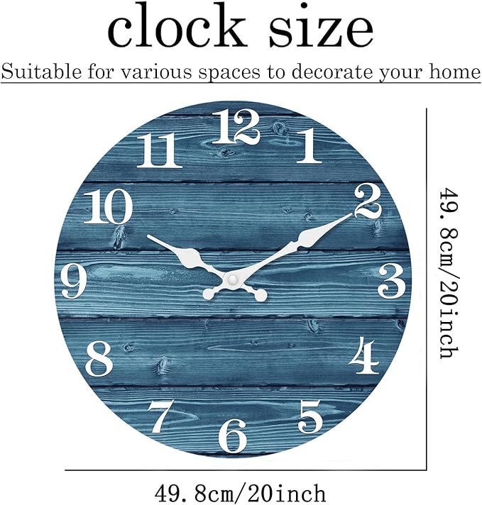 XFM Blue Wall Clock Battery Operated 20 Inch Silent Wood Wall Clocks Country Retro Farmhouse Wall Clock Decorative for Kitchen Living Room Bedroom