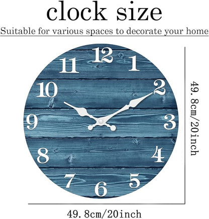 XFM Blue Wall Clock Battery Operated 20 Inch Silent Wood Wall Clocks Country Retro Farmhouse Wall Clock Decorative for Kitchen Living Room Bedroom