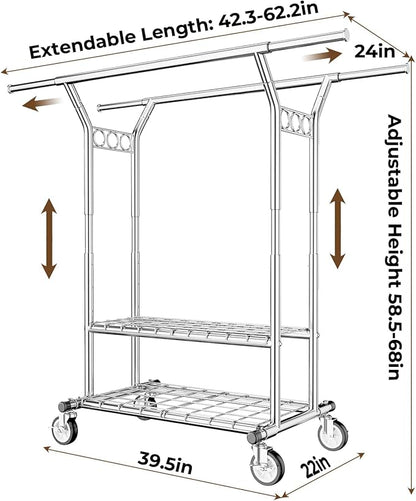 HYSEYY Heavy Duty Clothes Rack, Rolling Clothing Rack With Shelves Load 620 LBS, Double Rod Clothing Racks for Hanging Clothes, Portable& Adjustable Clothes Rack with Wheels Garment Rack