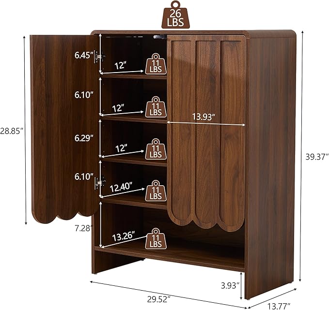 ORRD Shoe Storage Cabinet with Scalloped Doors, 5-Tier Wooden Shoe Cabinet with Adjustable Shelves, Shoes Rack Storage Organizer for Entryway, Hallway, Living Room, Walnut