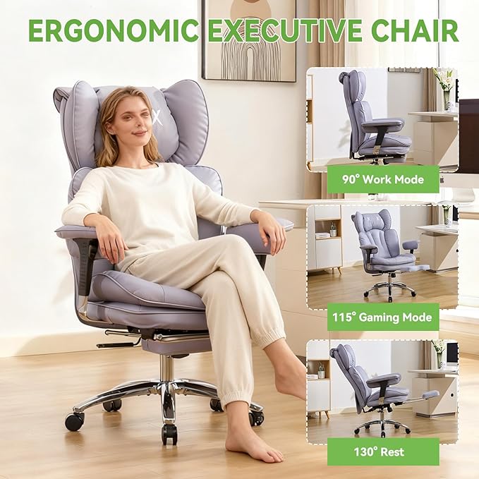 Efomao Big & Tall Executive Office Chair with Footrest - 400lbs Heavy Duty High Back PU Leather Desk Chair, Modern Ergonomic Reclining Computer Chair, Purple