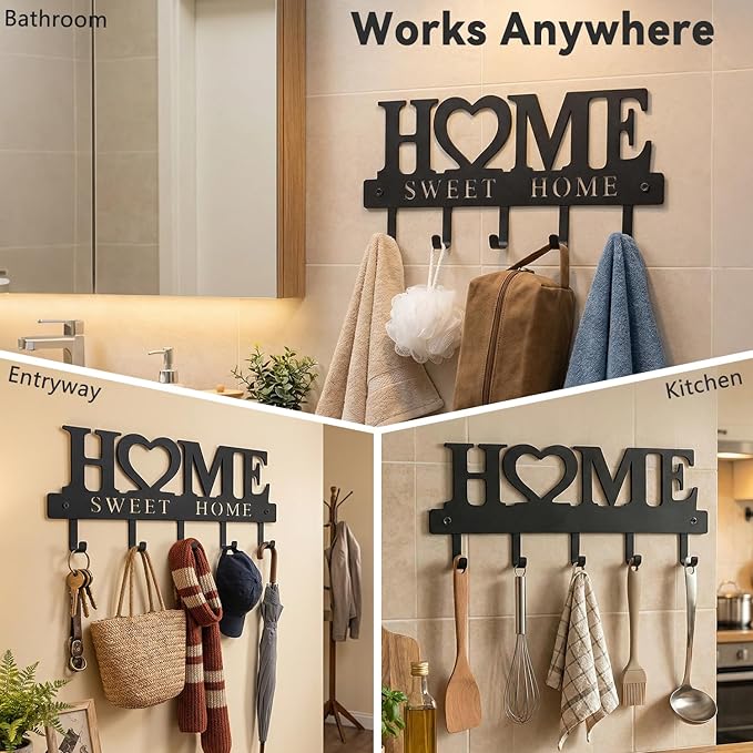 WIPHANY Entryway Key Holder Wall Mount with 5 Hooks, 13" Metal “Sweet Home” Key Rack Organizer for Wall, Decorative Key Hanger for Entryway, Hallway & Mudroom, Housewarming Gift, Black