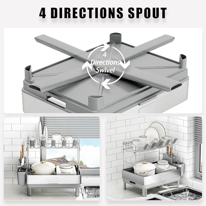 Ewaiira Dish Drying Rack, 2 Tier Large Dish Rack, Stainless Steel Dish Drainer for Kitchen Counter, Dishes Rack with Automatic Drainage, Utensil Holder&Cups Holder,Space Saving Kitchen Organizer,White