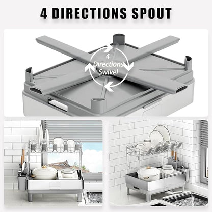 Ewaiira Dish Drying Rack, 2 Tier Large Dish Rack, Stainless Steel Dish Drainer for Kitchen Counter, Dishes Rack with Automatic Drainage, Utensil Holder&Cups Holder,Space Saving Kitchen Organizer,White