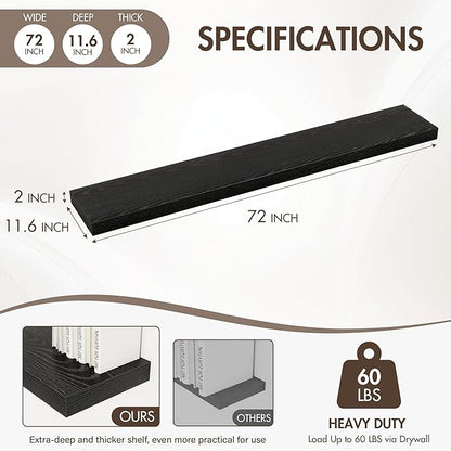 Acovy 72 Inch Floating Shelves, 12" Deep Floating Shelf Wall Mounted, 72" Wall Shelves, Rustic Deep Bookshelf, Extra Deeper & Thicker Display Shelves for Bedroom, Living Room, Black, Set of 1