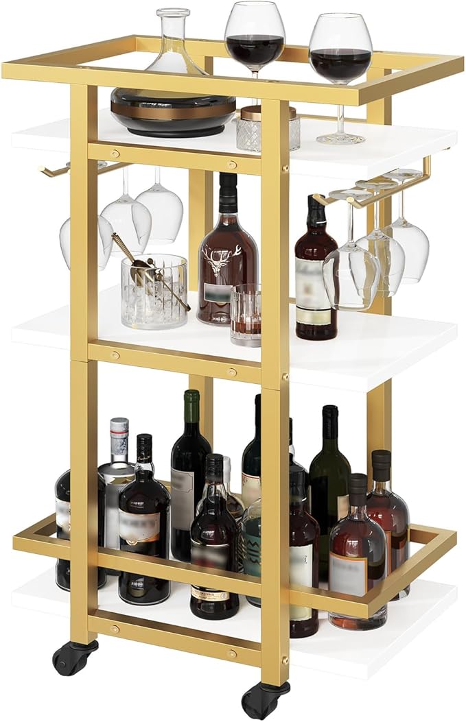 3 Tier Bar Cart, Home Bart Serving Cart with Glass Holders, Rolling Beverage Cart, Mobile Kitchen Shelf, for Home, Garden, Party, Gold BC09DW
