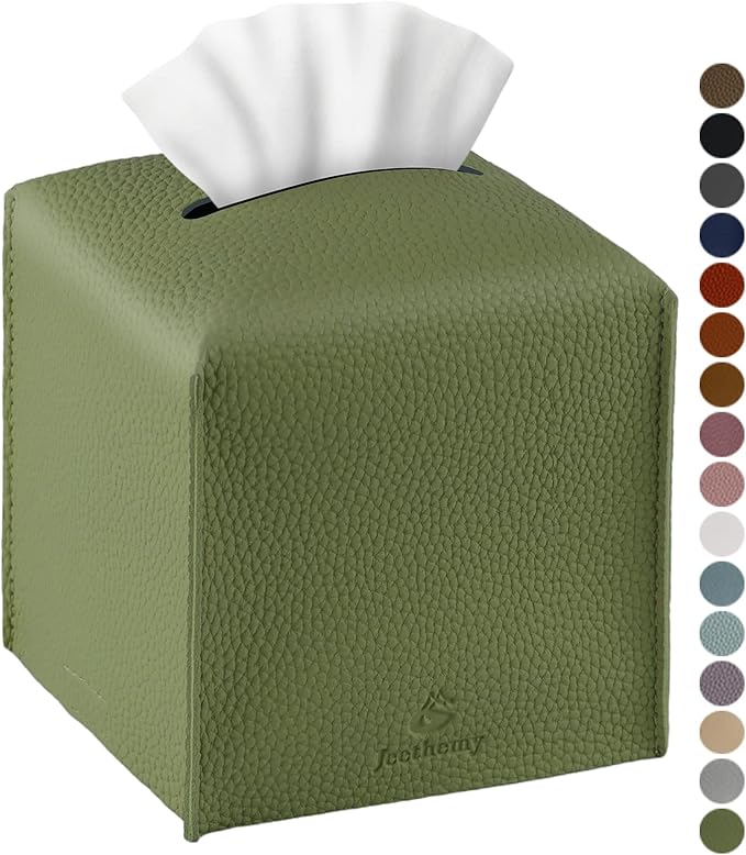 Tissue Box Cover, Jeethemy Square PU Leather Tissue Box Holder, Modern Tissue Case Facial Paper Organizer Dispenser，5X5X5'',Single Green