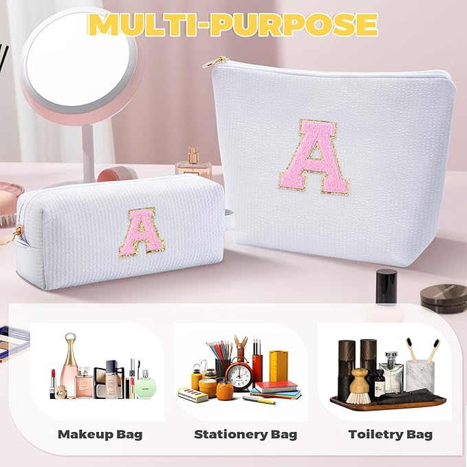 Makeup Bag Set Initials Cosmetic Bag,Gifts for 10 11 12 13 14 15 16 17 18 Years Old Girl Girlfriend Teen Girls Gift Trendy Stuff Personalized Toiletry Bag Travel - White,A