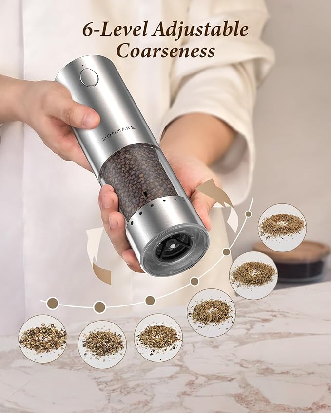 Electric Salt and Pepper Grinder Set - Automatic Refillable Salt and Pepper Grinders with Charging Base & LED Light, 6-Level Adjustable Coarseness with External Dial, Ideal Kitchen Gadget，Silver