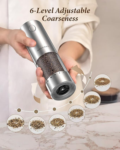Electric Salt and Pepper Grinder Set - Automatic Refillable Salt and Pepper Grinders with Charging Base & LED Light, 6-Level Adjustable Coarseness with External Dial, Ideal Kitchen Gadget，Silver