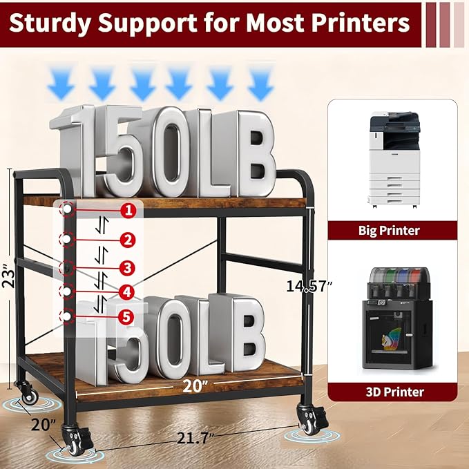 TFK 2 Tier Large Printer Stand with Storage, 20 x 20 Inch Under Desk Printer Table with Adjustable Shelf, Rolling Printers Cart for Home Office, Fits Fax /3D Printer/Scanner, Brown