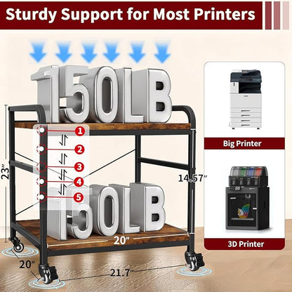 TFK 2 Tier Large Printer Stand with Storage, 20 x 20 Inch Under Desk Printer Table with Adjustable Shelf, Rolling Printers Cart for Home Office, Fits Fax /3D Printer/Scanner, Brown
