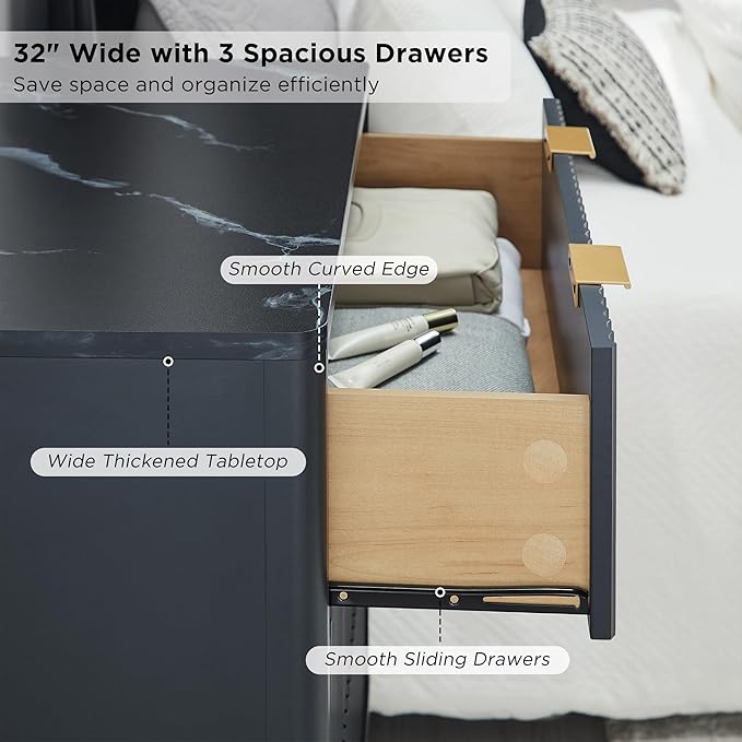 T4TREAM Fluted 3 Drawers Nightstand Set of 2, Oversized Extra Large Modern Side Table with Faux Marble Top, End Table Bedside for Bedroom, Living Room, Curved Profile Design, Dark Grey | Fluted, Modern, 3 Drawers, w/Storage, for Bedroom, Living Room