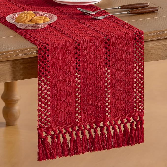 Socomi Boho Table Runner Valentine's Day Farmhouse Rustic Dining Kitchen Centerpiece Decor Small Macrame Woven Cotton Linen Coffee Table Runner for Dresser Scarf Home Decor 12x60 in Red