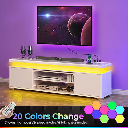 Rolanstar TV Stand with LED Lights & Power Outlet, Modern Entertainment Center for 32/43/50/55/65 Inchs TVs, Table, Universal Gaming Media Stand Storage Cabinet and Large Storage, White