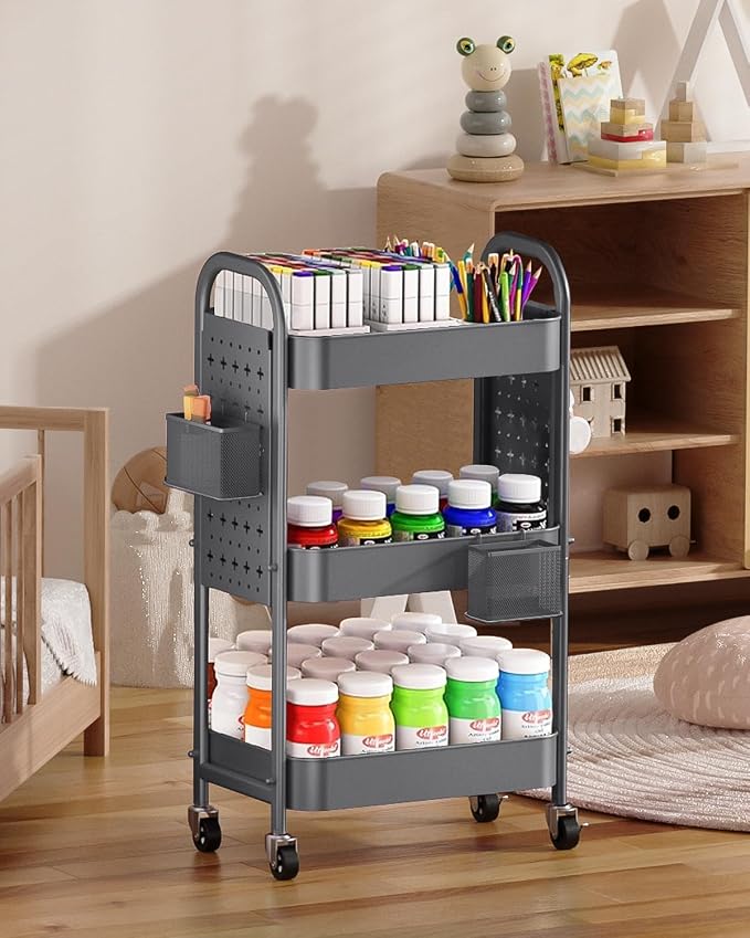 ALVOROG 3 Tier Rolling Cart with DIY Pegboards Metal Utility Cart with Wheels Handles Baskets Hooks, Storage Cart for Office Kitchen Bathroom(Gray)