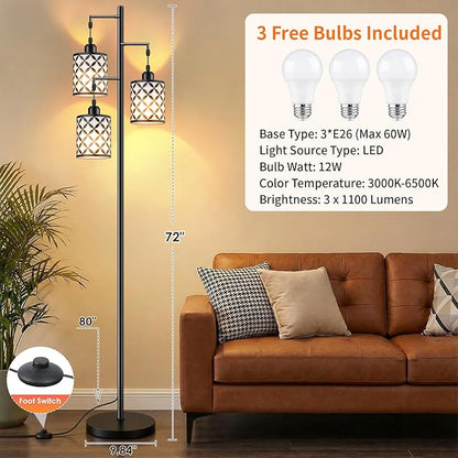 New Upgraded 72" Tall Dimmable Floor Lamp, 3 x 800LM 9W LED Bulbs Included, Farmhouse Standing Lamp with Remote Control, Industrial Tree Pole Floor Lamps for Living Room, Bedroom, Study Room - Black