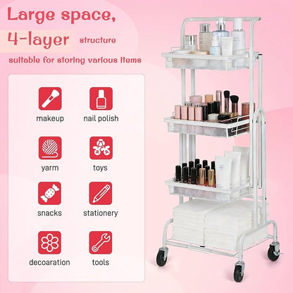 Werhoo 90° to 180° Adjustable Makeup Organizer Cart (Detachable Tabletop) with Drawers-4 Tier, Metal Beauty Cart with Enlarged Wheel Move to Bedroom, Bathroom and Living Room for Flexible Makeup