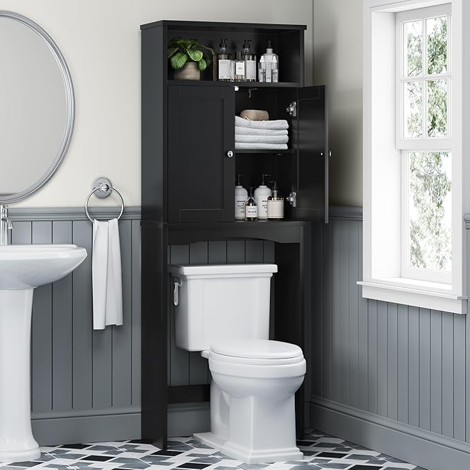 Over The Toilet Storage Cabinet, Over Toilet Bathroom Organizer with Adjustable Shelf and Double Door, Over The Toilet Cabinet for Bathroom Storage Over The Toilet Bathroom Organizer, Black