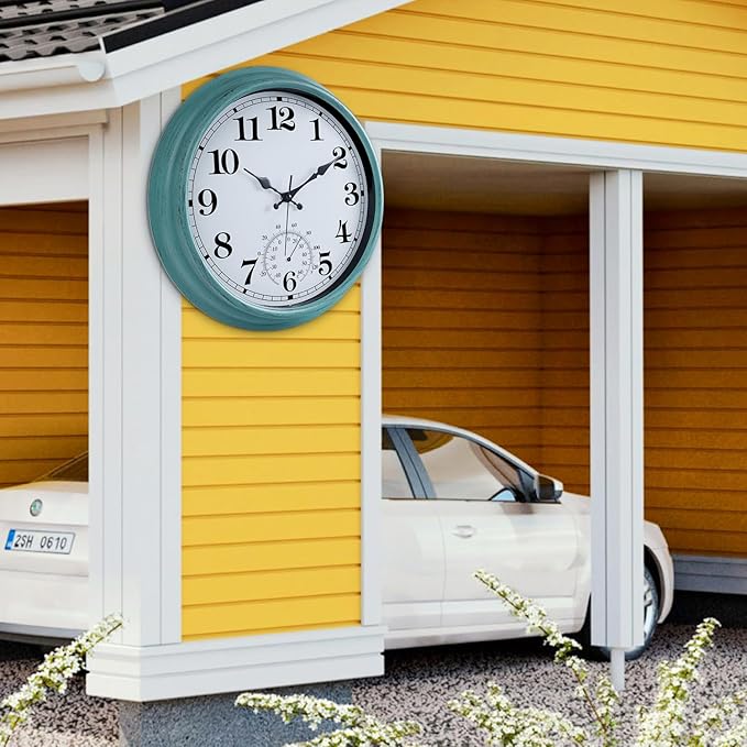 16 Inch Large Outdoor Clock, Retro Waterproof Indoor/Outdoor Clock Non-Ticking Clock with Thermometer, Battery Operated Wall Clock for Patio, Garden, Pool - Green
