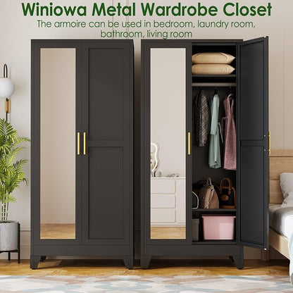 winiowa Metal Armoire Wardrobe Closet with 2 Mirror Doors, 71" Wardrobe Cabinet with Adjustable Shelves and Hanging Rod, Clothing Storage Cabinet Closet with Mirror for Bedroom-Black