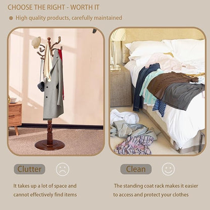 Coat Rack Freestanding with 18 Hooks, Wooden Standing Coat Racks for Entryway, Solid Wood Clothes Hanger Rack with Sturdy Round Base for Entryway, Hall, Bedroom, Office, Hallway (Caramel color)