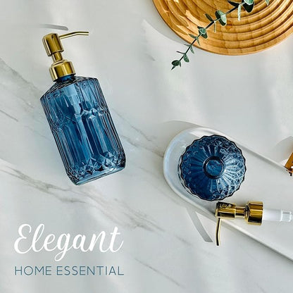 JASAI 18Oz Blue Glass Soap Dispenser with Golden Pump, Refillable Bathroom soap Dispenser with Thick Glass, Clear Kitchen Soap Dispenser for Dish Soap, Hand soap, Lotion.(Blue)