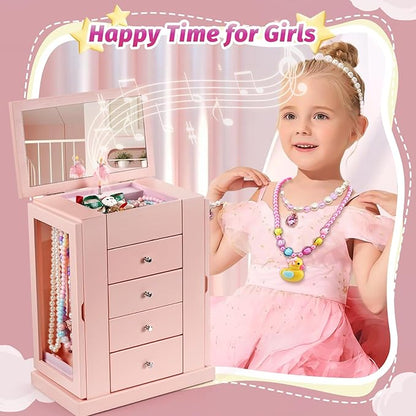 Emfogo Jewelry Box for Girls, Musical Jewelry Box with Spinning Dancer Gifts for Little Girls Christmas New Year Birthday Children's Day, 5 Layer Large Wooden Kids Music Jewelry Organizer Box(Pink)