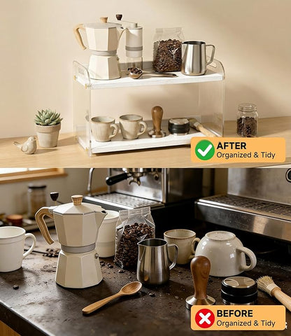 2 Tier Coffee Station Organizer - Acrylic & Pine Wood coffee bar shelf, Easy-to-Clean matcha station for Kitchen Countertops, for Placing Mugs, Coffee Beans, Syrup etc.(15.75" x6.18" x 9.37") - White