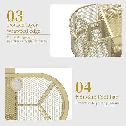 SUPEASY Mesh Desk Organizer, Desk Organizers and Accessories, Pen Holder with Drawers, Pencil Holder for Desk with 2 Drawer for Office Supplies, Golden yellow