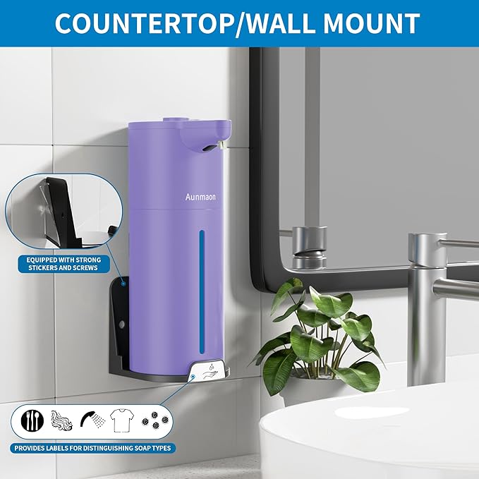 Aunmaon Automatic Soap Dispenser Touchless, Hands-Free, Multi Adjustable Volume, Long Battery Life, Compatible with Thick & Thin Dish/Hand Soap for Bathroom and Kitchen, Easy for Toddlers, Purple