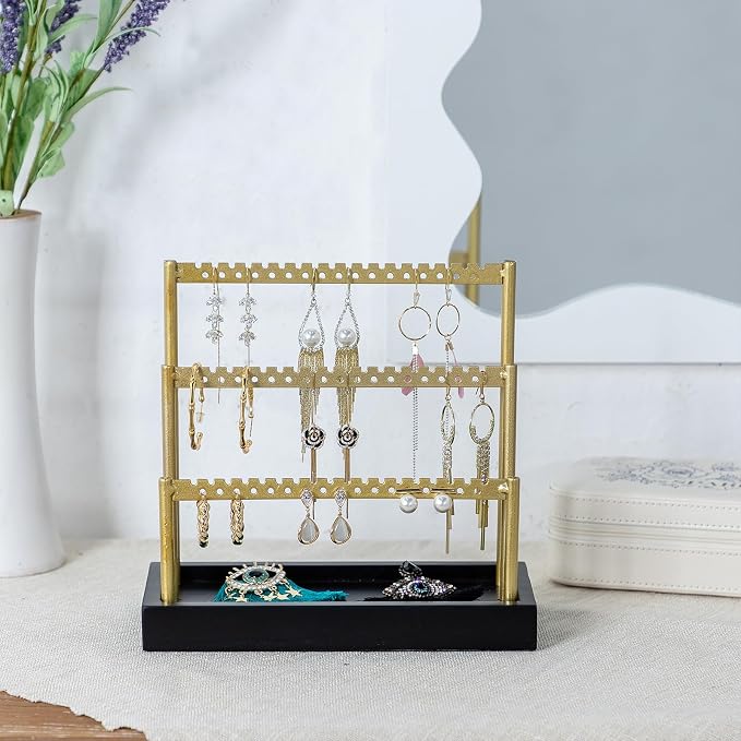 SANY DAYO HOME 3-Tier Earring Holder Organizer Stand, 105 Holes Gold Metal Earring Rack Jewelry Display Tree with Black Wood Tray for Women and Girls