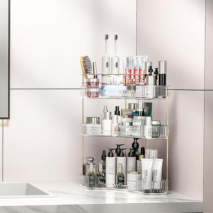 Makeup Organizer Countertop 3 Tier, Corner Bathroom Countertop Organizer with Toothbrush and Makeup Brush Holder, Corner Vanity Tray for Skincare Organization