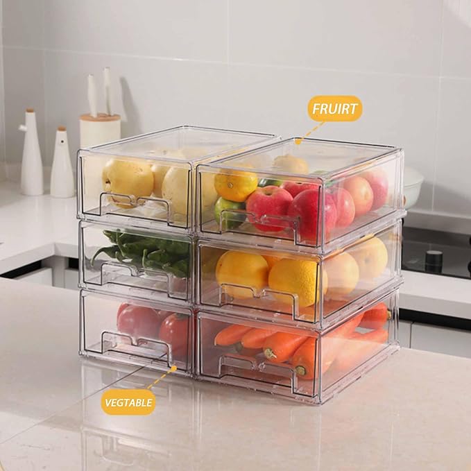 bealy 2 Pack Stackable Clear Storage Drawer,Clear Refrigerator Organizers and Storage Drawer, Pull Out Drawer for Fridge Kitchen Bathroom Cabinet Closet Office Organizer