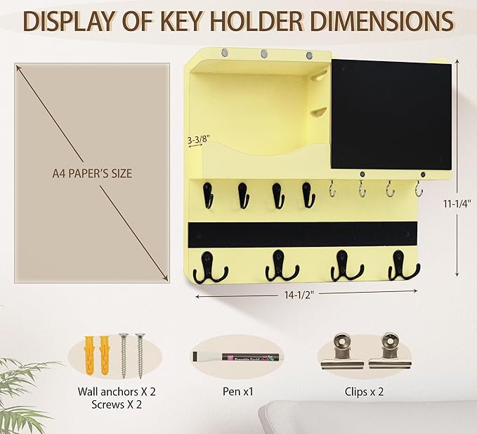 Key Holder for Wall Mount with Shelf and Mail Organizer, Key and Mail Holder with 16 Hooks, Farmhouse Entryway Organizer, Home Decor Rack(Pine Wood,Ivory Yellow)