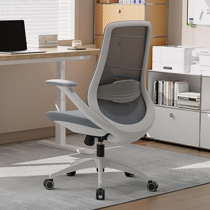 Ergonomic Office Chair, High Back Mesh Desk Chair with Lumbar Support, 360° Swivel & Slide-Adjustable Arms, Tilt Lock and Recline, Breathable Task Chair for Home Office & Gaming (Grey)