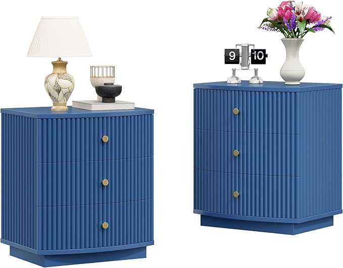 Dresser for Bedroom,3-Drawer Dresser, Mondern Wide Chest of Drawers with Fluted & Curved Design, Large Storage Chest for Bedroom, End Table for Living Rooms, （Blue）