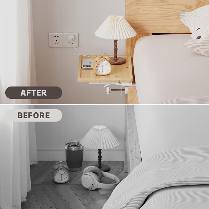 Magheo Bedside Shelf Wood, Foldable Clip-On Bunk Bed Table Shelf for Top Bunk Space Saving Bed Side Table Tray for College Dorm Room Essentials, Loft Nightstand Organizer Tray with 2 Cord Hole