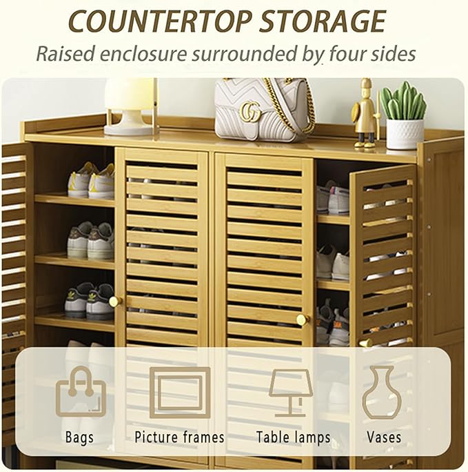 Bamboo Shoe Cabinet, 7-Tier Shoe Storage Cabinet with Doors, Freestanding Bamboo Shoe Rack Organizer with Shelves for Entryway, Hallway, Closet, Living Room