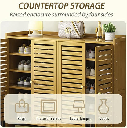 Bamboo Shoe Cabinet, 7-Tier Shoe Storage Cabinet with Doors, Freestanding Bamboo Shoe Rack Organizer with Shelves for Entryway, Hallway, Closet, Living Room