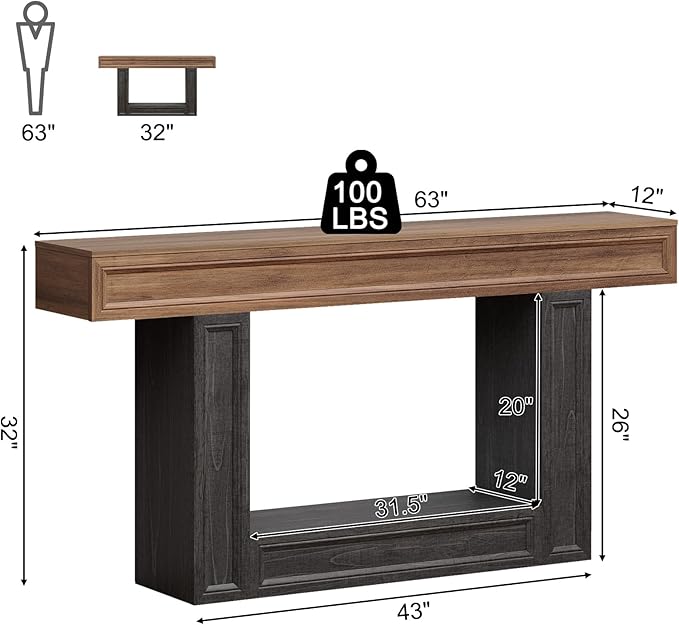 Rresyet 63" Console Table, 2-Tier Entryway Table with Sensor Lights, Coffee Table Behind The Sofa, with U-Shaped Base Suitable for Entryways, Living Rooms, Corridors, and Foyers(Wood)