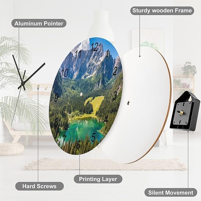 Scenic Nature Wall Clock Silent Non Ticking Battery Operated, Natural Mountain Lake Forest Landscape Woodland Scenery Clock Decorative for Bathroom Kitchen Bedroom Living Room(12 Inch)