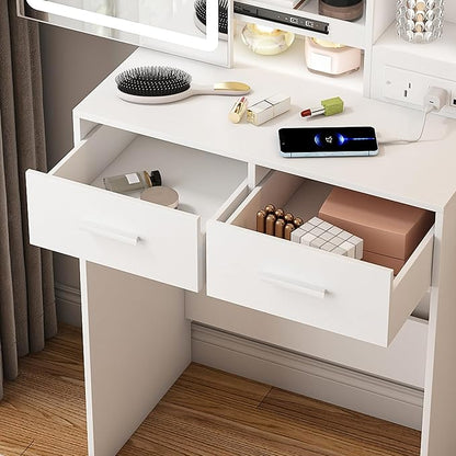 Vanity Desk with Mirror and Lights - Small Makeup Vanity Table Set with Power Outlet, Storage Drawers & Chair, 3 Lighting Modes & Adjustable Brightness, Dressing Table for Women Girls Bedroom, White