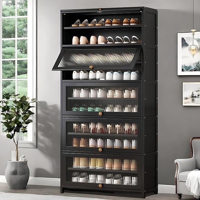 Tall Bamboo Shoe Cabinet with Doors, 11-Tier Shoe Rack for Closet, Freestanding Shoe Storage Cabinet for Hallway Living Room (Black-02)