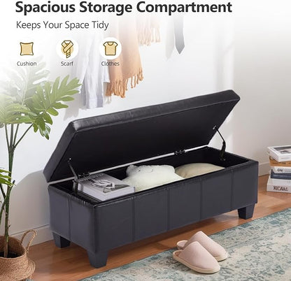 Faux Leather Ottoman with Storage, 41" Storage Bench Foot Rest with Legs, Ottoman Bench Sturdy Wood Frame Supports 660 lbs for Bedroom, Living Room, Entryway, Black