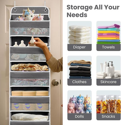 Easy Assembly Over The Door Organizer, 6 Shelves& 10 Side Pockets, Heavy-Duty Reinforced Mesh Rack Holds 44lb, Hanging Behind Door Storage for Bathroom Pantry, Nursery, Closet, Shoes, Towels-Dark Grey