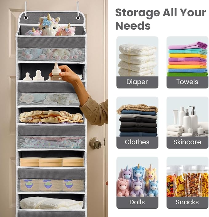 Easy Assembly Over The Door Organizer, 5 Shelves& 8 Side Pockets, Heavy-Duty Reinforced Mesh Rack Holds 44lb, Hanging Behind Door Storage for Bathroom Pantry, Nursery, Closet, Shoes, Towels- Dark Grey
